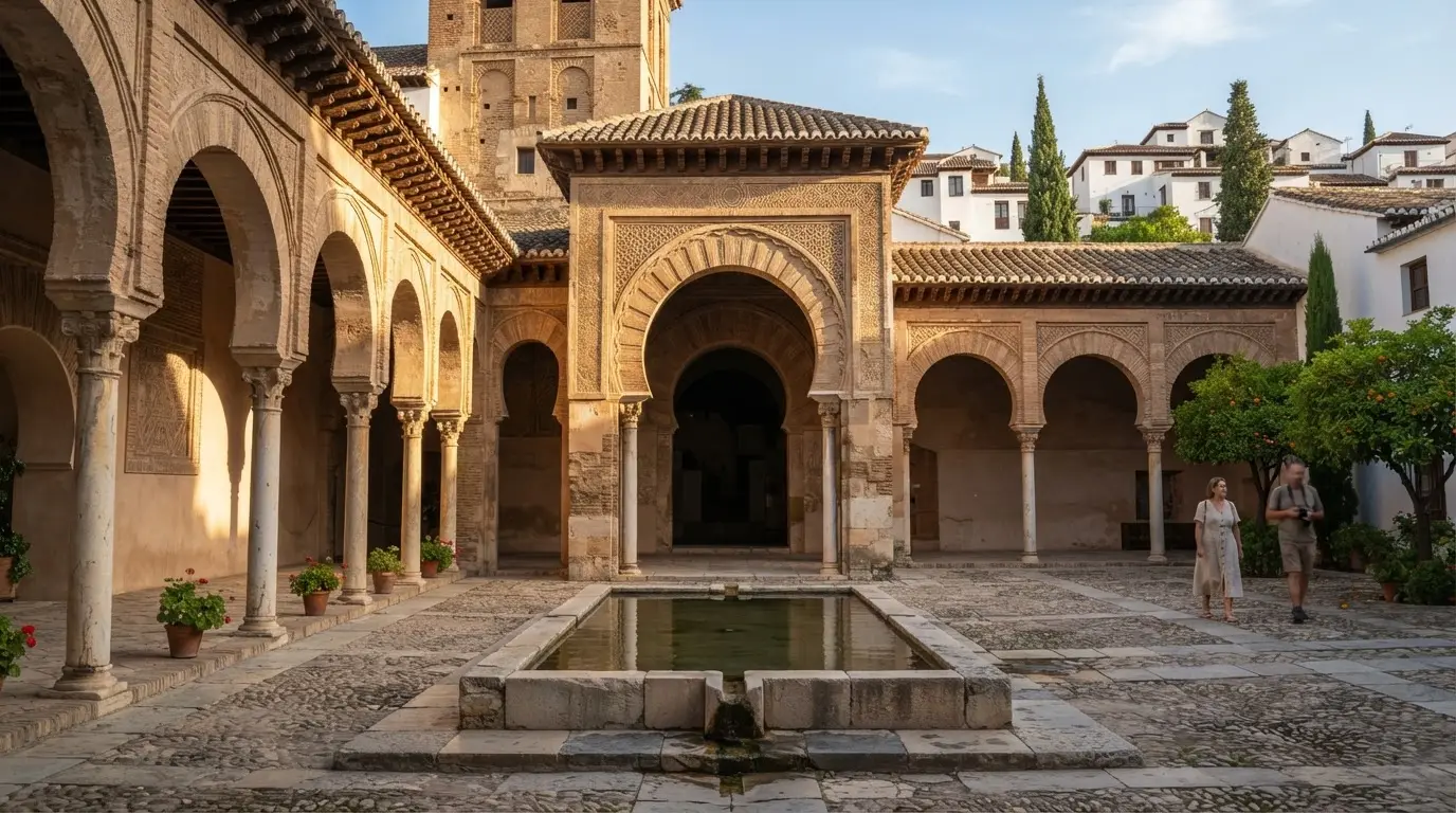 Photorealistic view inside the mosque courtyard of the Iglesia del Salvador in Granada's Albaicín neighbourhood, showing stone horseshoe-arch arcades from the original 13th-century Great Mosque, worn stone columns, and a central ablution cistern in warm afternoon light, Mudéjar art Granada architecture history