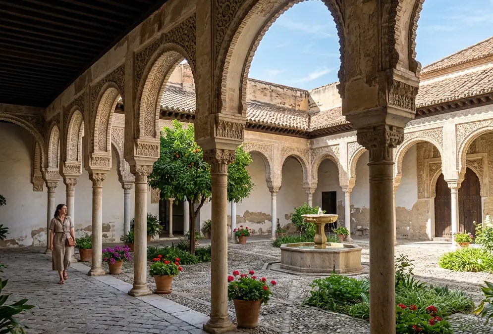 Photorealistic view inside the mosque courtyard of the Iglesia del Salvador in Granada's Albaicín neighbourhood, showing stone horseshoe-arch arcades from the original 13th-century Great Mosque, worn stone columns, and a central ablution cistern in warm afternoon light, Mudéjar art Granada architecture history