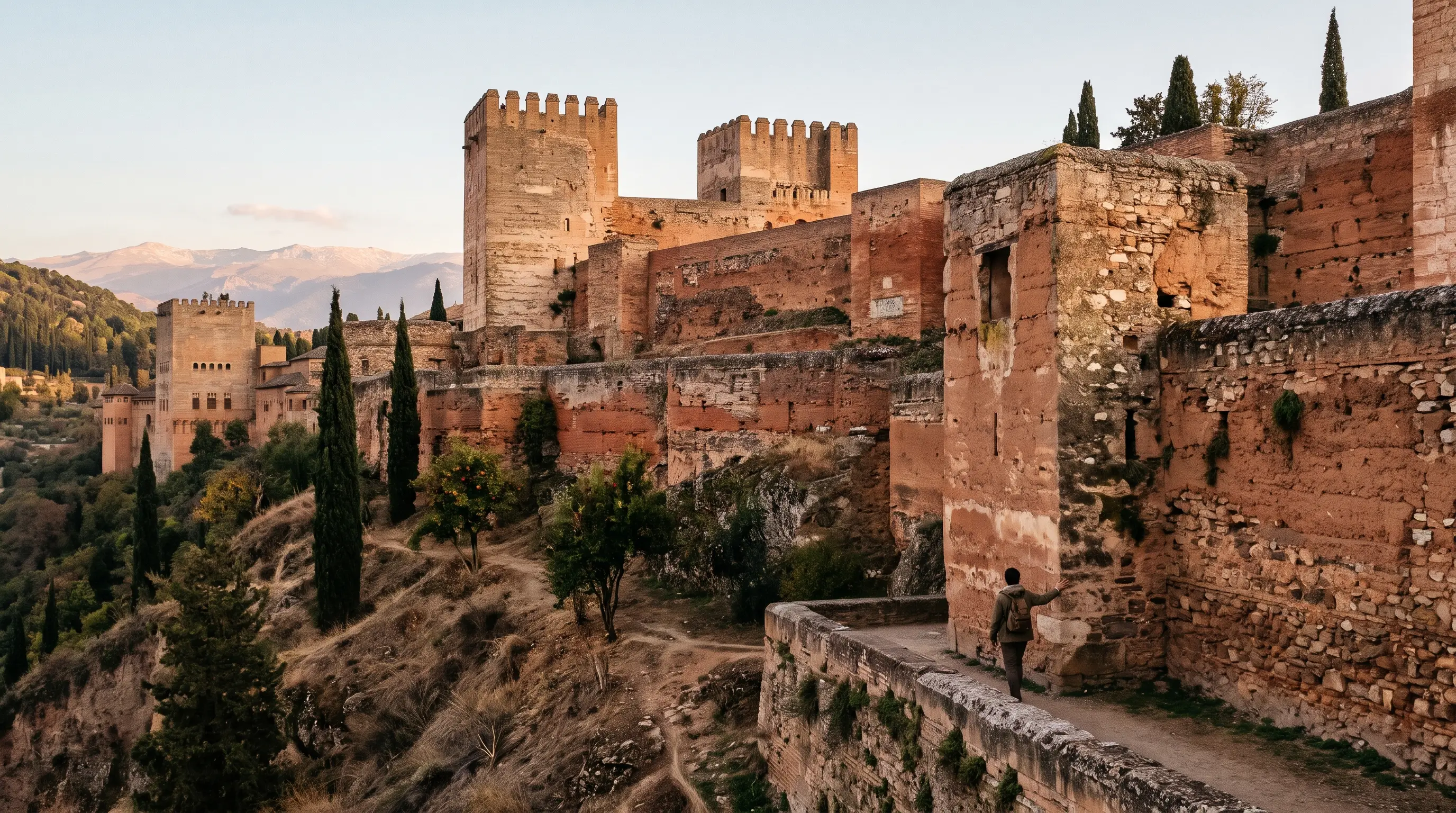 Ibn al-Ahmar Nasrid founder's hilltop fortress: the red walls and towers of the Alhambra's Alcazaba above the Darro valley in Granada at dawn