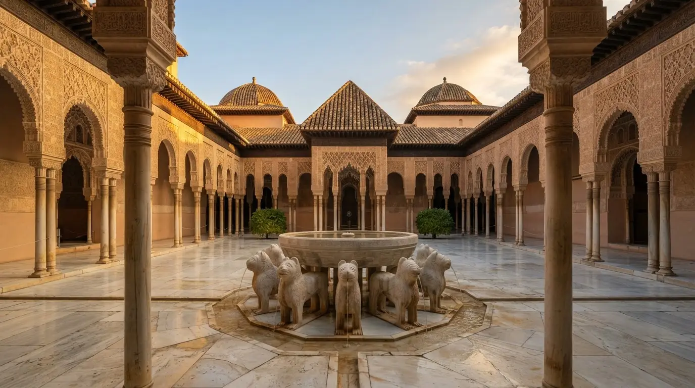 Muhammad V Nasrid Sultan's Palace of the Lions, Alhambra, Granada, at golden hour: carved stucco arches and slender marble columns around the fountain in the Court of the Lions