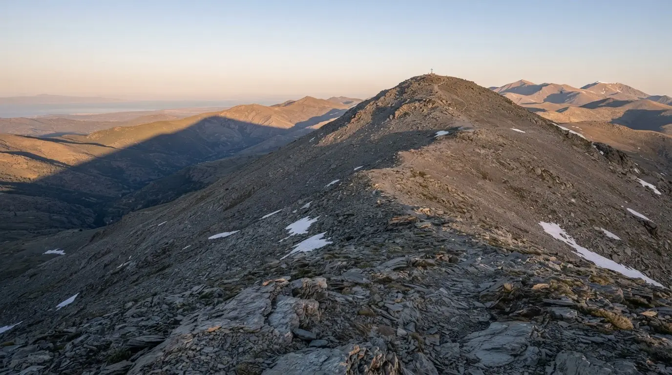 Mulhacén summit ridge in Sierra Nevada at dawn, bare rounded slopes of grey schist with late snow patches and a long shadow falling east, illustrating the Mulhacen name origin and the legend of the sultan buried on the peak