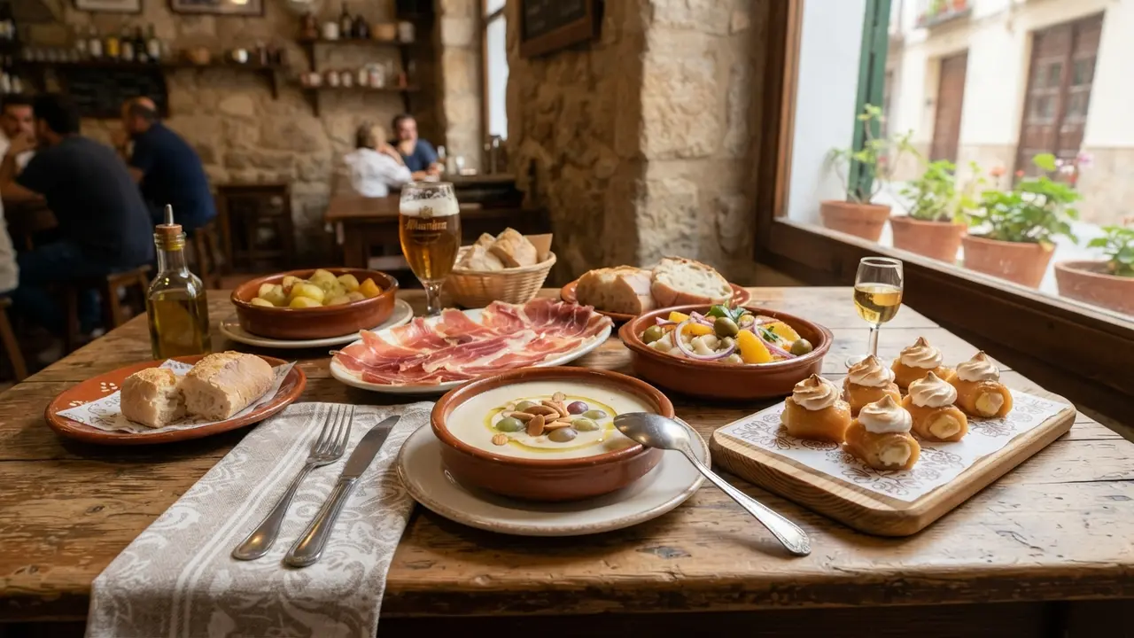 Spread of traditional Granada dishes including pionono, jamón de Trevélez, remojón granadino, and ajoblanco on a rustic table