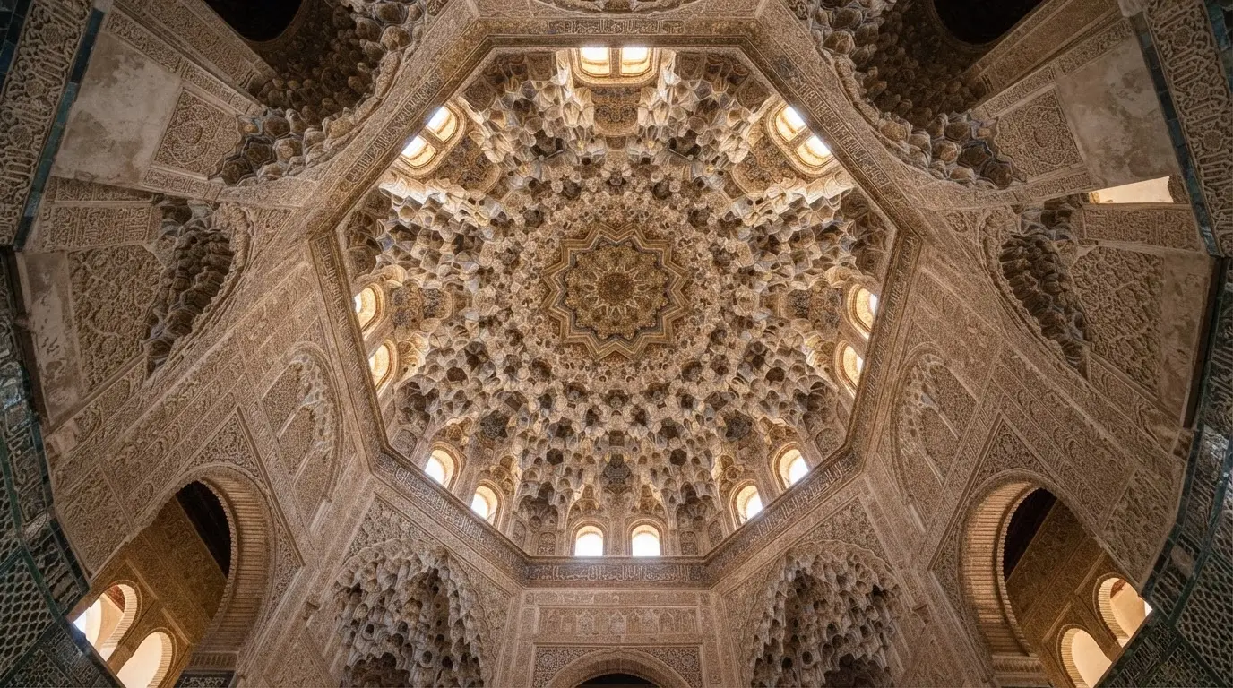 Interior view looking up into nasrid architecture muqarnas dome in the Hall of Two Sisters, Alhambra Granada, honeycomb of stucco mocárabe cells radiating from a central eight-pointed star, raking natural light