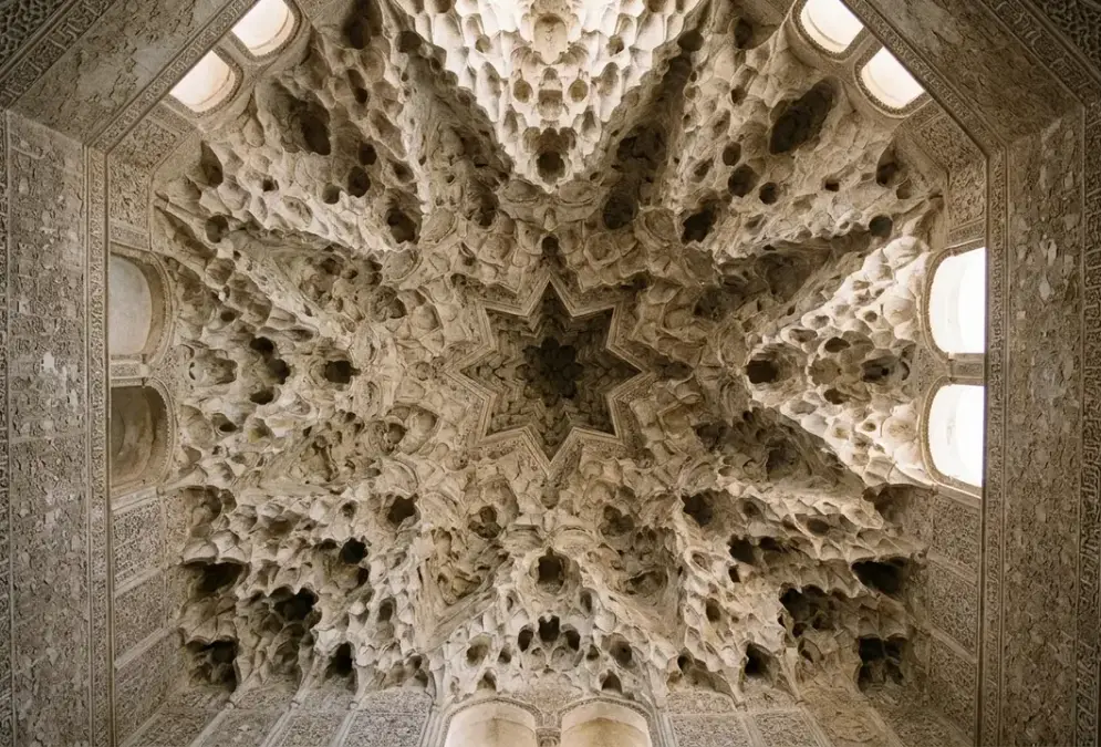 Interior view looking up into nasrid architecture muqarnas dome in the Hall of Two Sisters, Alhambra Granada, honeycomb of stucco mocárabe cells radiating from a central eight-pointed star, raking natural light