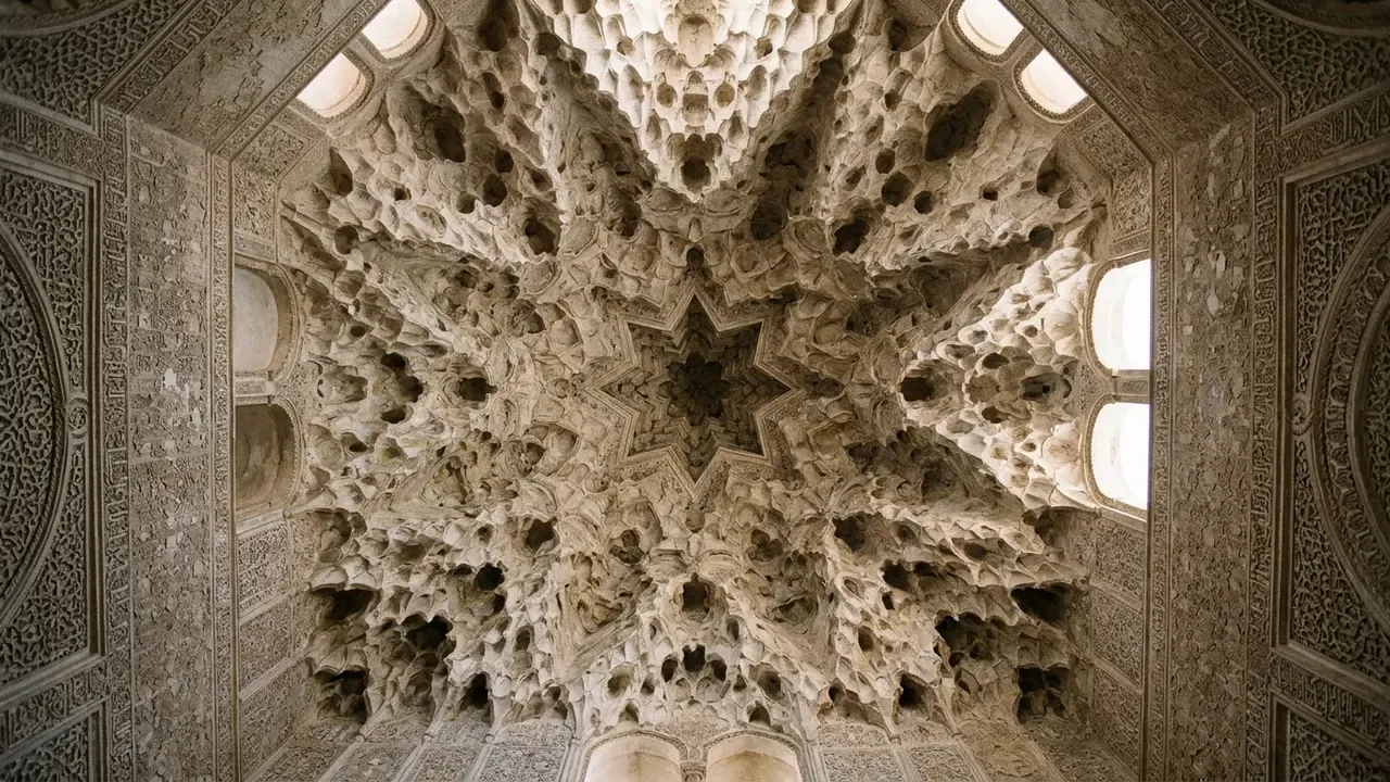 Interior view looking up into nasrid architecture muqarnas dome in the Hall of Two Sisters, Alhambra Granada, honeycomb of stucco mocárabe cells radiating from a central eight-pointed star, raking natural light