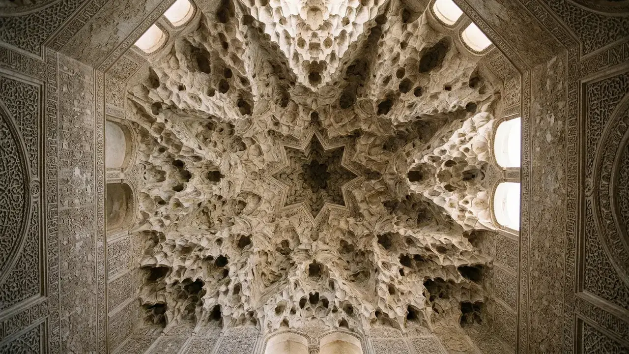 Interior view looking up into nasrid architecture muqarnas dome in the Hall of Two Sisters, Alhambra Granada, honeycomb of stucco mocárabe cells radiating from a central eight-pointed star, raking natural light