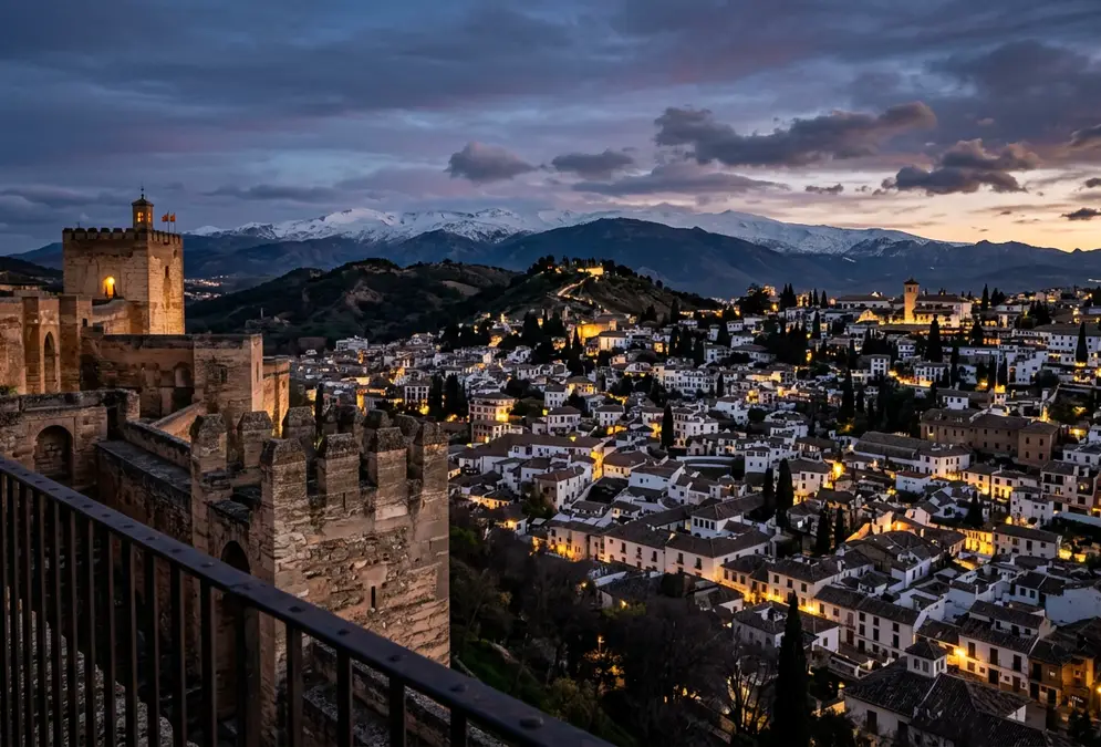 View from the Alhambra towers over Granada at dusk, the Albaicin quarter below with its whitewashed rooftops and minarets, the Sierra Nevada mountains looming behind, conveying the isolated mountain kingdom at the heart of the Nasrid civil war Granada succession crisis