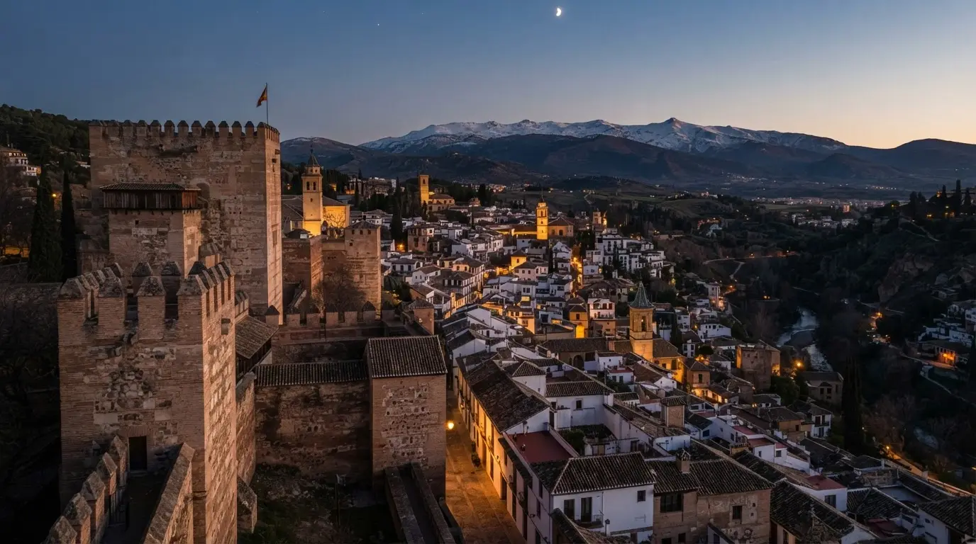 View from the Alhambra towers over Granada at dusk, the Albaicin quarter below with its whitewashed rooftops and minarets, the Sierra Nevada mountains looming behind, conveying the isolated mountain kingdom at the heart of the Nasrid civil war Granada succession crisis
