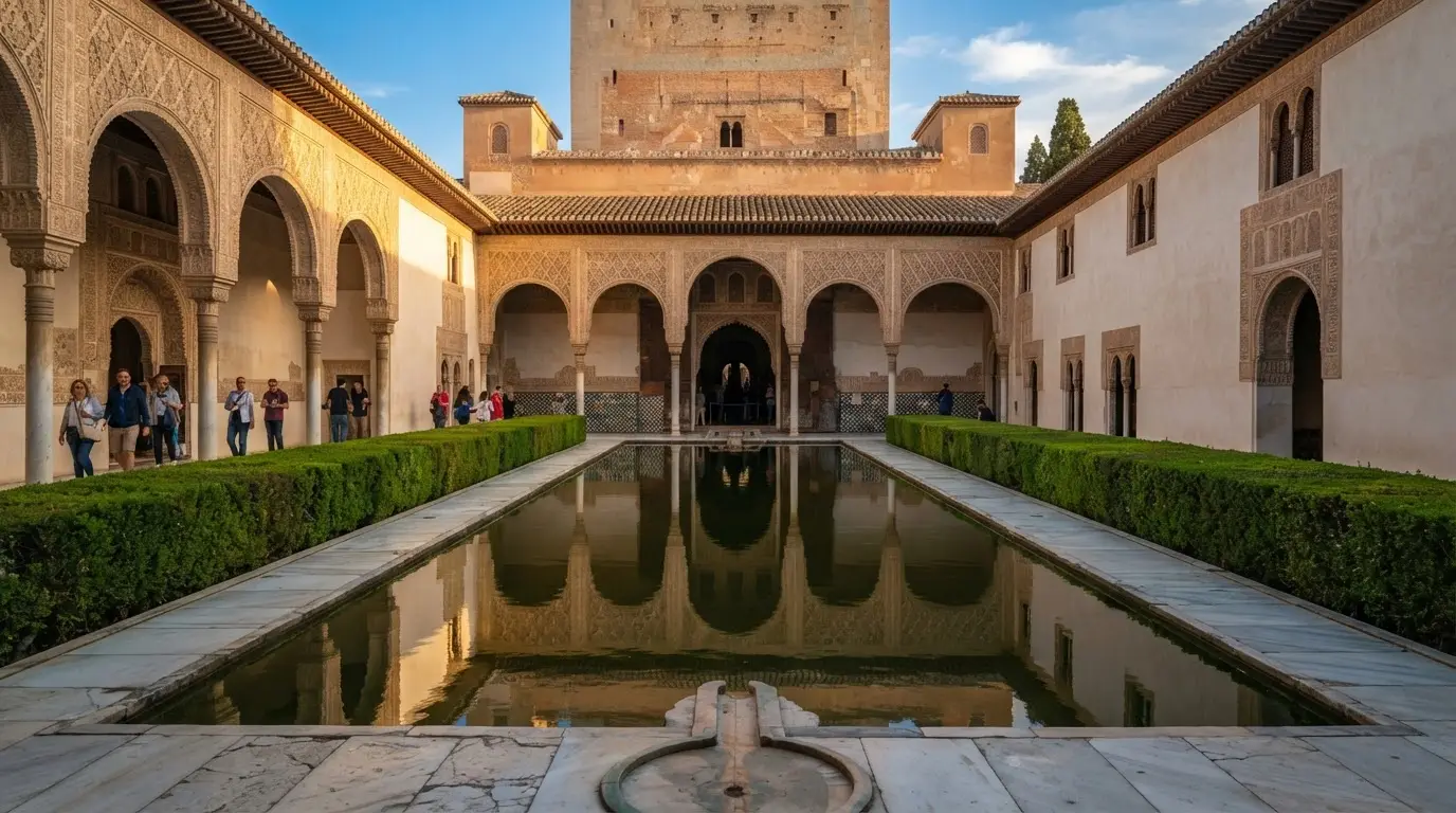 Afternoon light in the Court of the Myrtles at the Alhambra's Nasrid Palaces, its reflecting pool and horseshoe arches evoking the calculated Nasrid Granada diplomacy Marinids Castile triangulation that let the emirate endure for two centuries