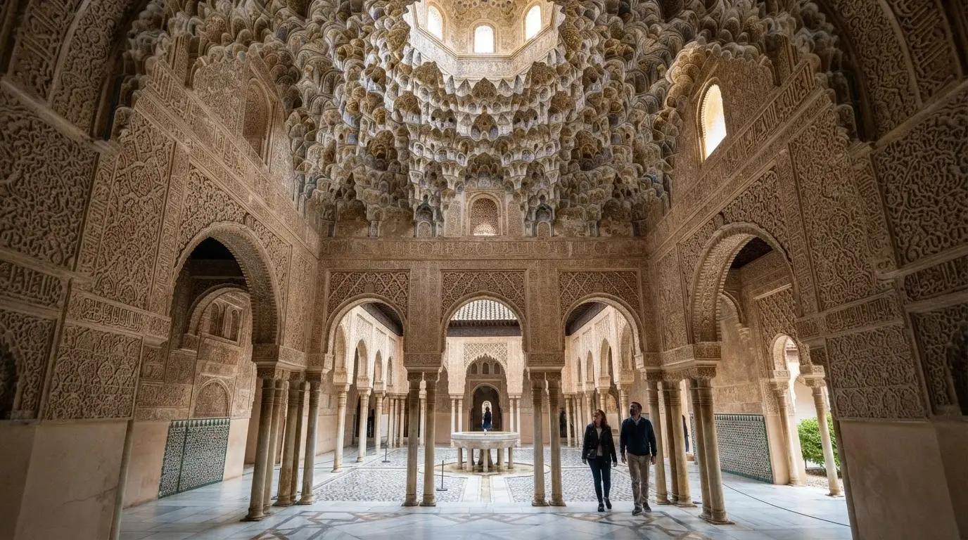 Hall of the Two Sisters in the Nasrid Palaces of the Alhambra, Granada, with muqarnas stalactite vault and arabesque stucco walls, built under Nasrid dynasty sultan Muhammad V