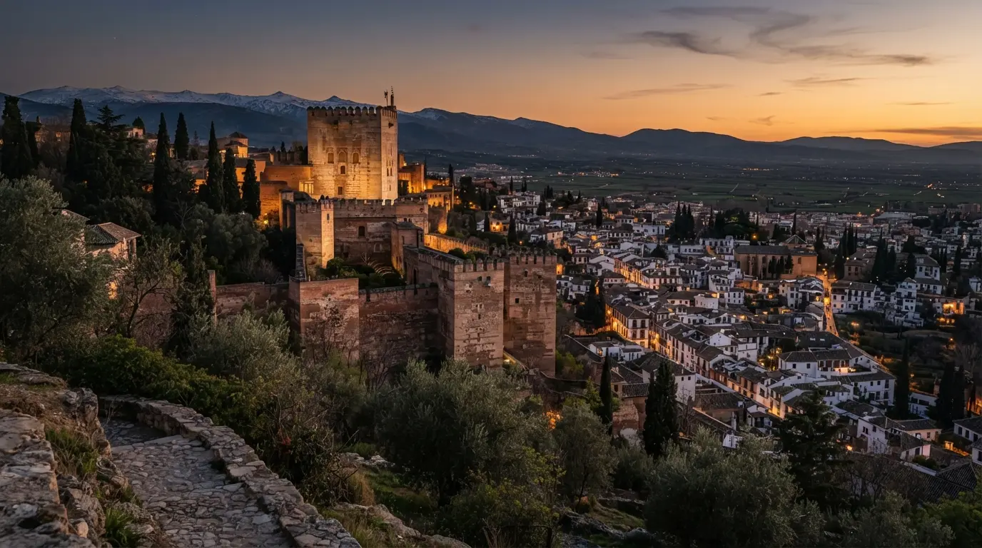 The Alhambra's Comares Tower rising over Granada's vega at dusk, symbol of the Nasrid tribute payments Granada Castile relationship that funded 250 years of uneasy peace