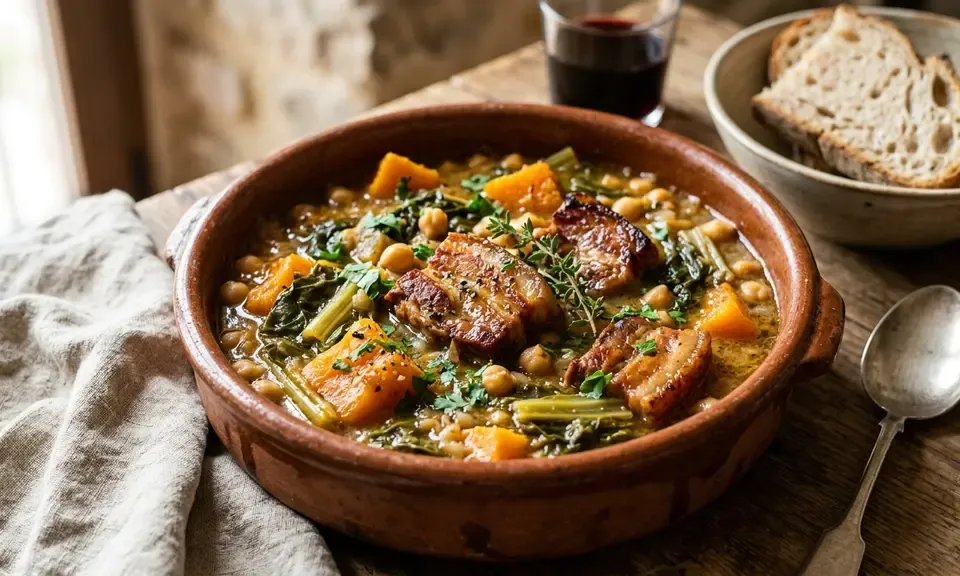 Olla granadina — Granada mountain stew with chickpeas, pumpkin, chard and pork in an earthenware cazuela