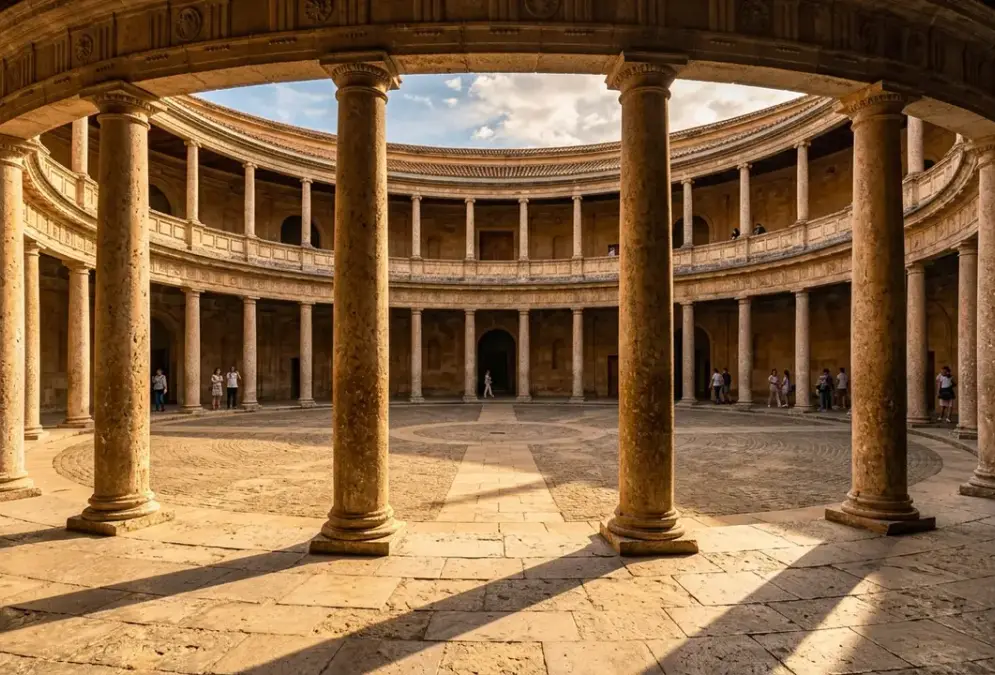 Circular courtyard of the Palacio de Carlos V Alhambra at golden hour, 32 Doric columns casting long shadows on stone paving, open sky above, Renaissance architecture inside Islamic palace complex