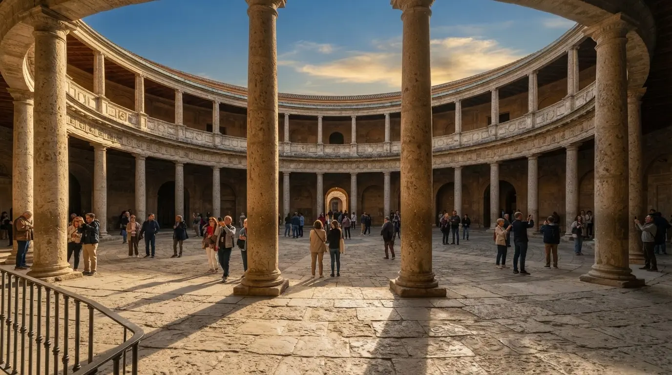 Circular courtyard of the Palacio de Carlos V Alhambra at golden hour, 32 Doric columns casting long shadows on stone paving, open sky above, Renaissance architecture inside Islamic palace complex