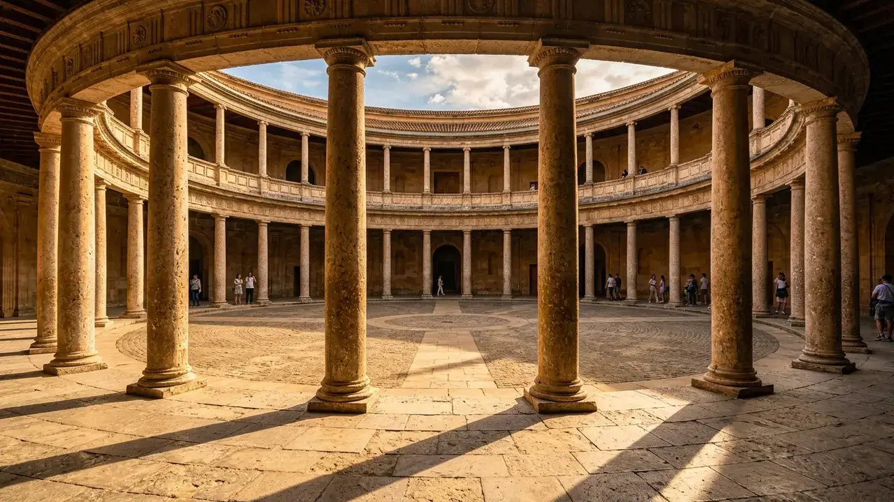 Circular courtyard of the Palacio de Carlos V Alhambra at golden hour, 32 Doric columns casting long shadows on stone paving, open sky above, Renaissance architecture inside Islamic palace complex