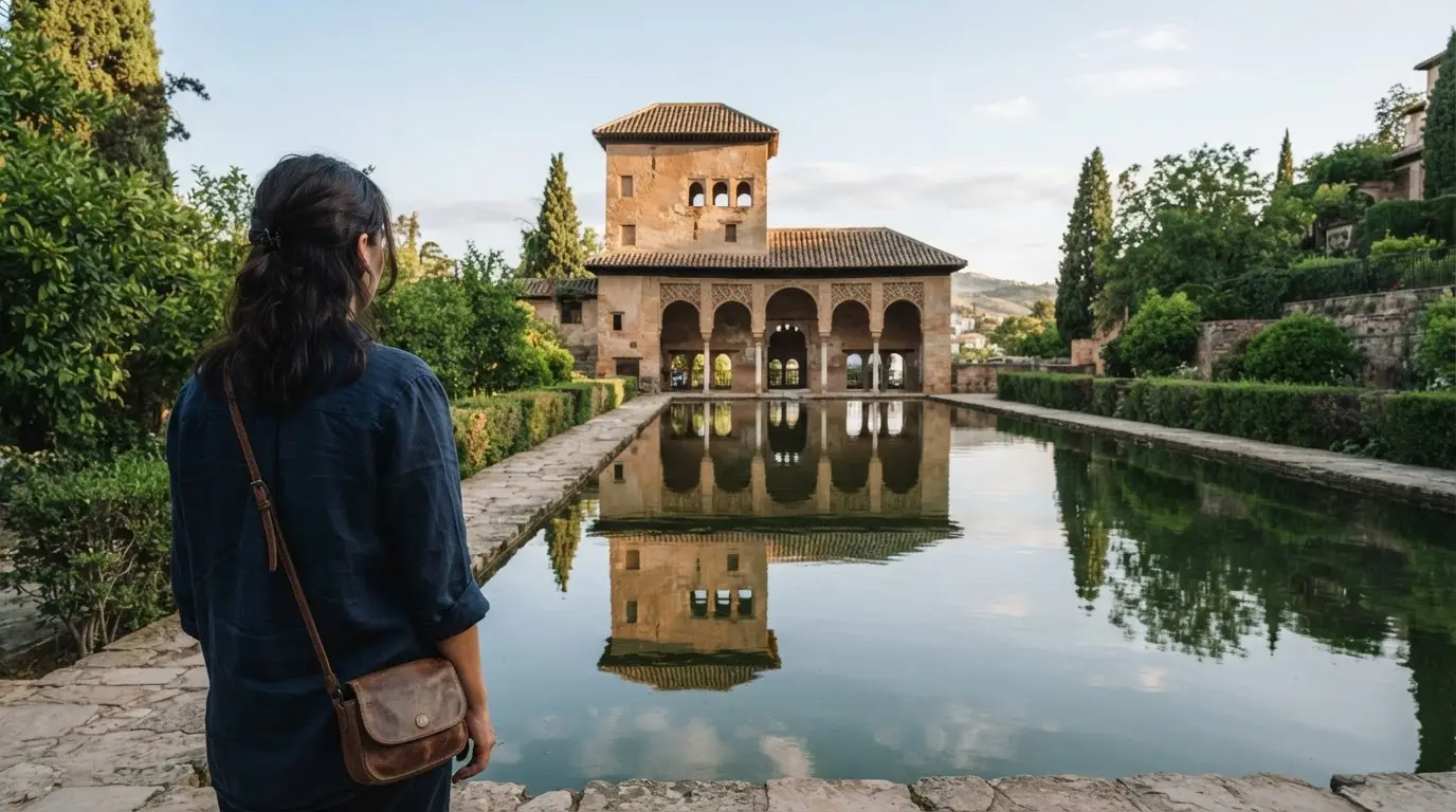 Torre de las Damas of the Alhambra reflected in the Partal pool at dusk, the tower whose cupola is now in Berlin