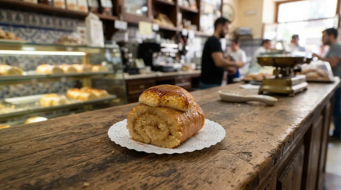 Pionono pastry Granada: cylindrical rolled sponge on a white paper wafer with caramelized golden cream dome on top, sitting on a wooden counter inside Casa Ysla bakery in Santa Fe