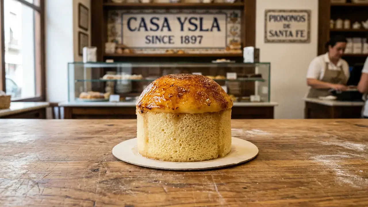Pionono pastry Granada: cylindrical rolled sponge on a white paper wafer with caramelized golden cream dome on top, sitting on a wooden counter inside Casa Ysla bakery in Santa Fe