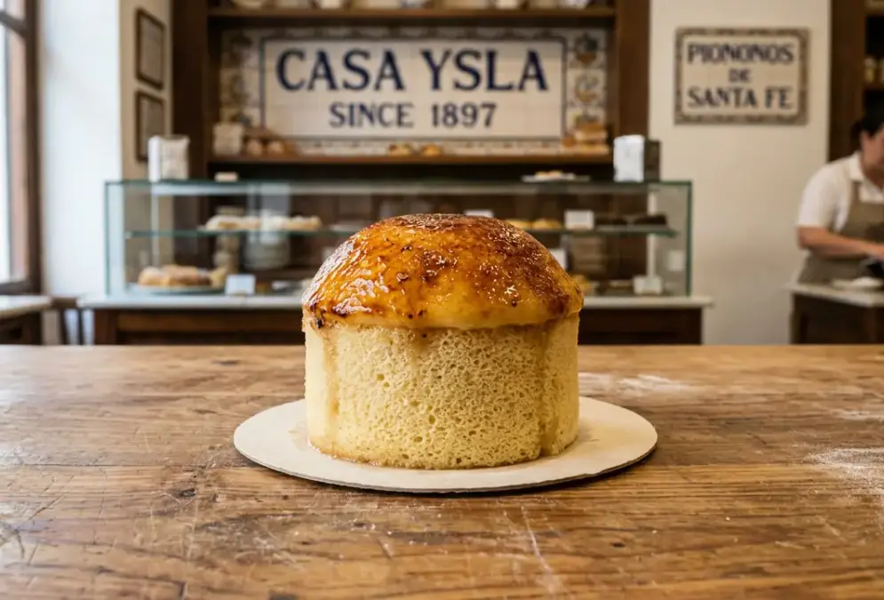 Pionono pastry Granada: cylindrical rolled sponge on a white paper wafer with caramelized golden cream dome on top, sitting on a wooden counter inside Casa Ysla bakery in Santa Fe