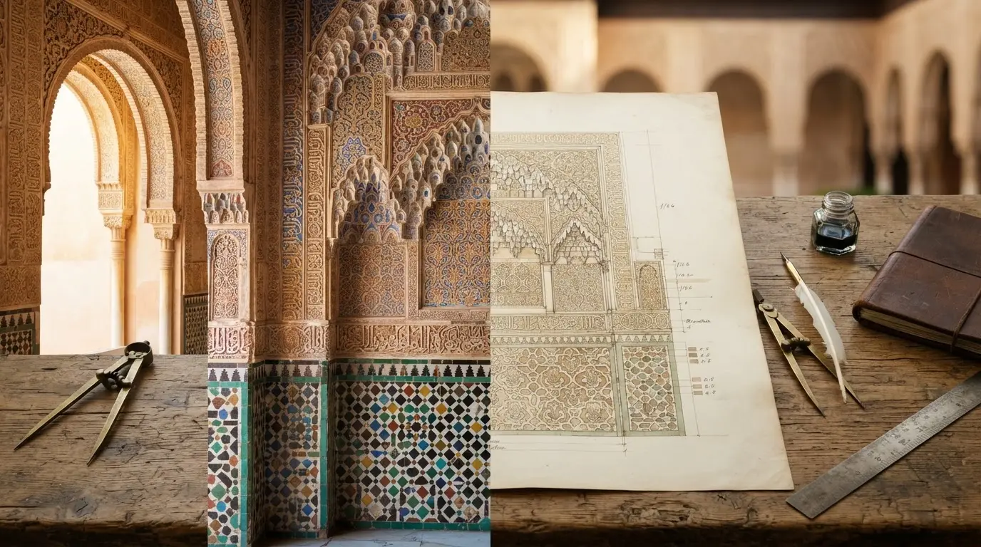 Split view inspired by Alhambra 19th century restoration, with coloured yesería and alicatado details beside a restrained conservation drawing in warm archive light