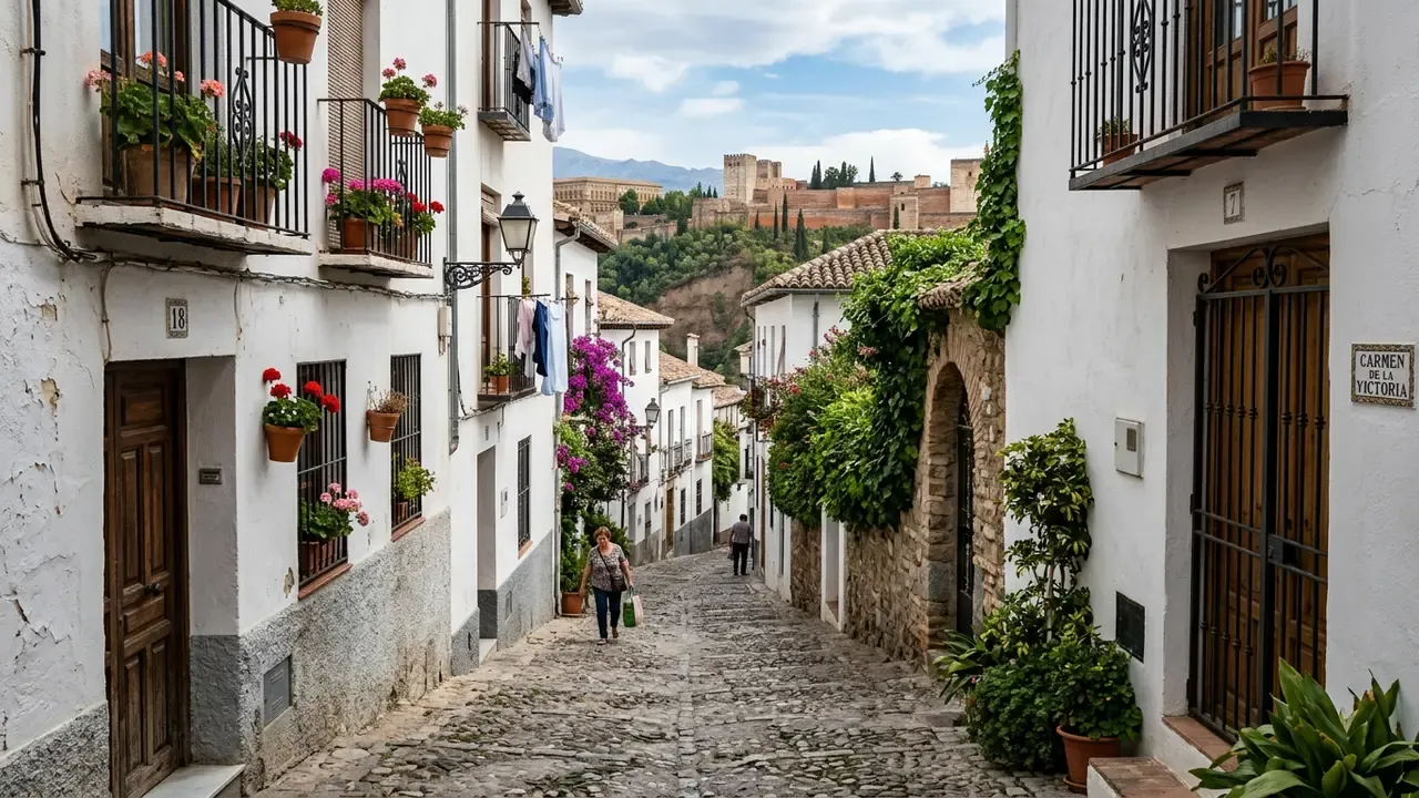 Narrow stone lane in the Realejo Jewish quarter of Granada, with white-washed walls and the Alhambra hillside rising above, showing the former judería neighbourhood
