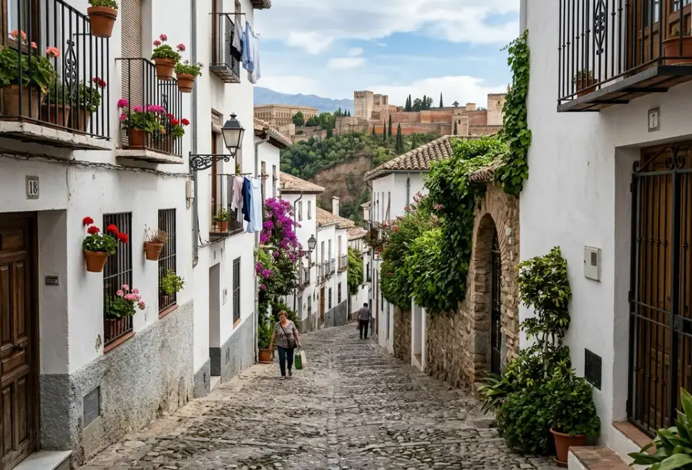 Narrow lane in the Realejo Jewish quarter of Granada climbing toward the Alhambra hill, white-walled houses and walled carmen gardens, former site of the medieval judería Garnata al-Yahud