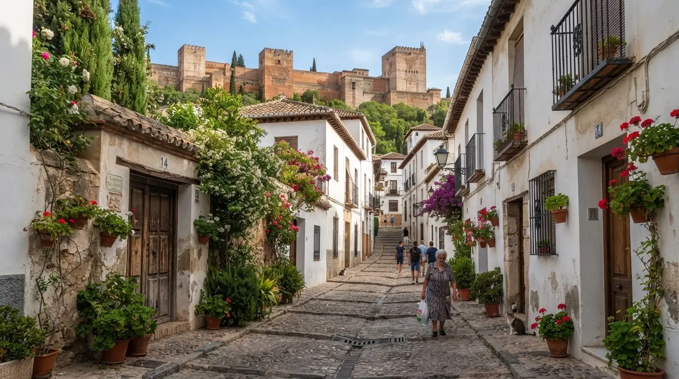 Narrow lane in the Realejo Jewish quarter of Granada climbing toward the Alhambra hill, white-walled houses and walled carmen gardens, former site of the medieval judería Garnata al-Yahud