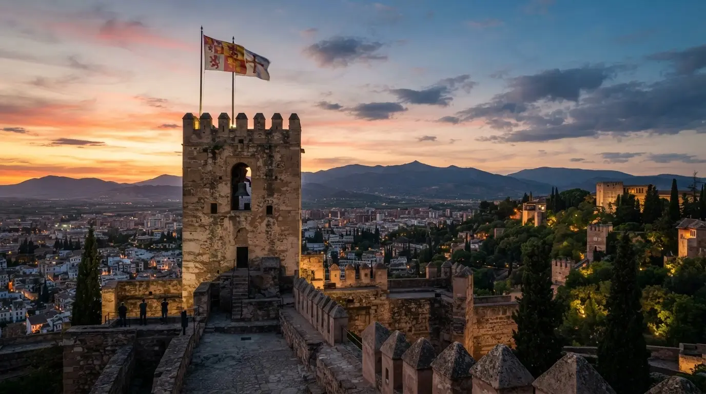 The Torre de la Vela of the Alhambra's Alcazaba at dusk, Granada, the tower where Ferdinand's standard was raised on 2 January 1492, marking the end of the Reconquista