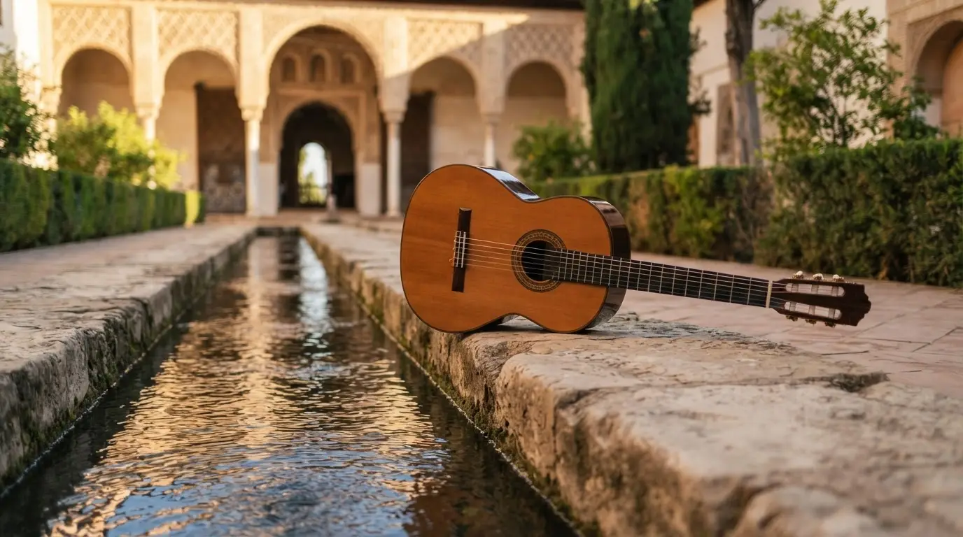 Recuerdos de la Alhambra Tarrega: a classical guitar resting on a stone bench in the Court of the Myrtles at dusk, the water channel reflecting the arches, a handwritten manuscript page beside it