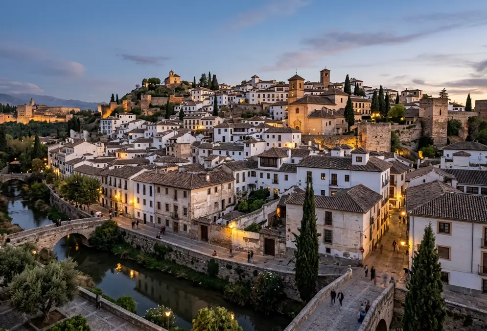 View of the Albaicín hill in Granada at dusk from across the Río Darro, the ancient hill that was Roman Iliberis and Bastetani settlement, roman granada iliberis history