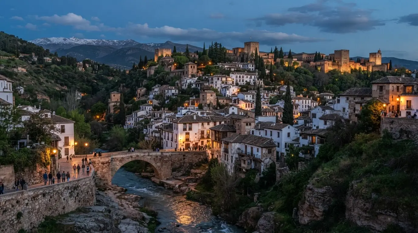 View of the Albaicín hill in Granada at dusk from across the Río Darro, the ancient hill that was Roman Iliberis and Bastetani settlement, roman granada iliberis history