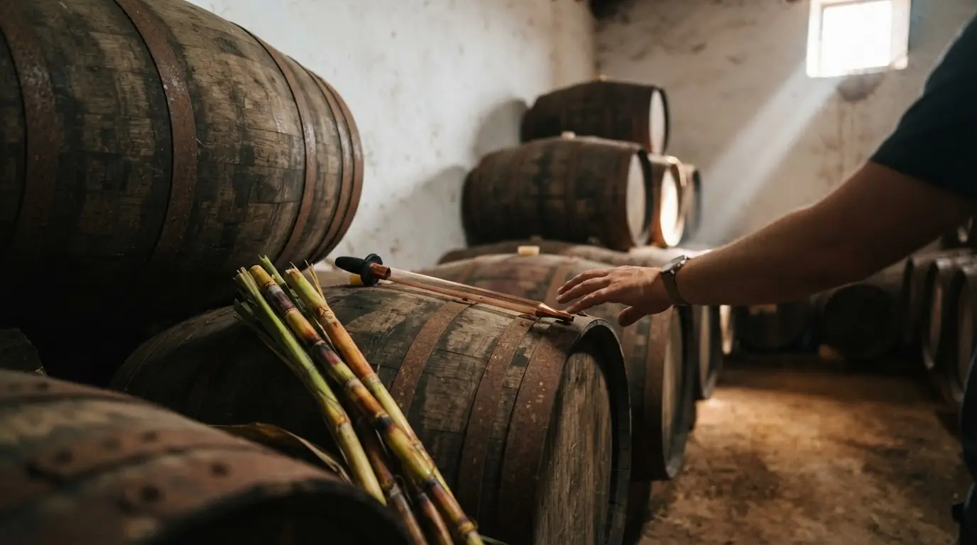 Oak rum barrels stacked in a solera cellar at Ron Montero, Motril, beside sugar cane stalks, warm lamplight, ron montero motril rum