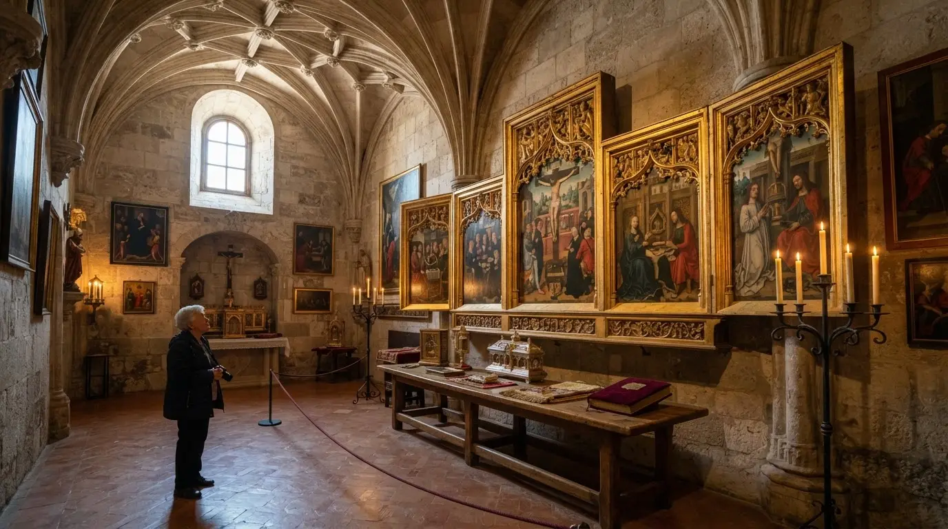Interior of the Royal Chapel sacristy museum in Granada, gilded altarpiece panels by Flemish masters displayed in a stone-vaulted Renaissance space, warm candlelight, Royal Chapel Granada paintings collection