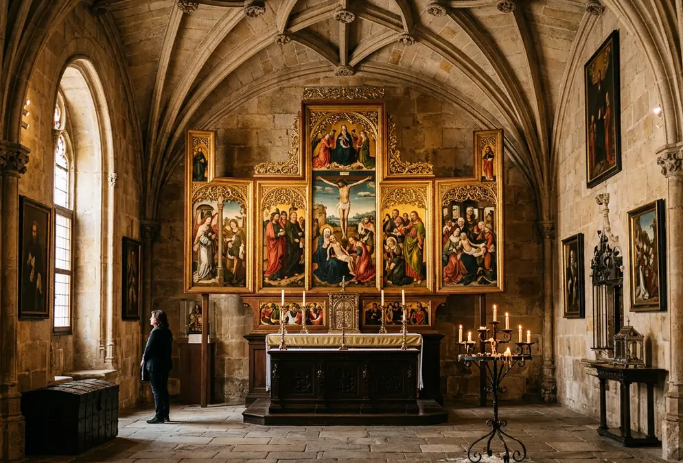 Interior of the Royal Chapel sacristy museum in Granada, gilded altarpiece panels by Flemish masters displayed in a stone-vaulted Renaissance space, warm candlelight, Royal Chapel Granada paintings collection