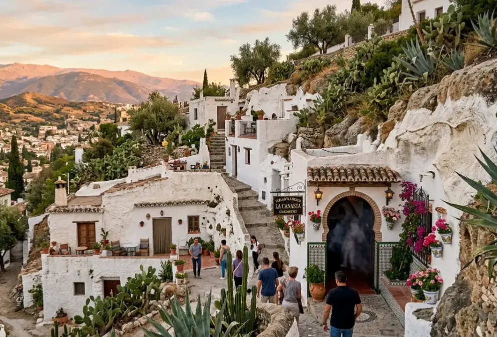 Whitewashed cave houses of Sacromonte cut into the limestone hillside with the Alhambra in the background