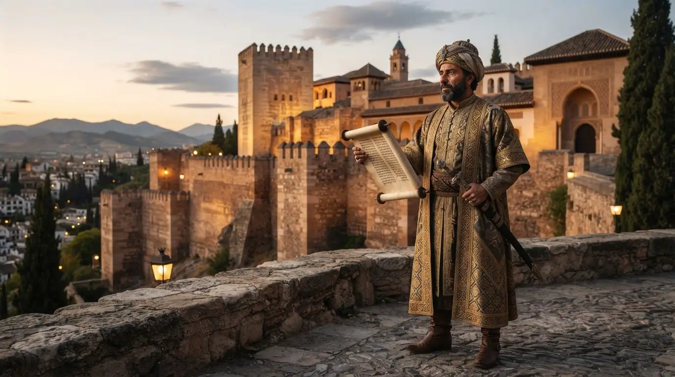 Samuel Ha-Nagid depicted as vizier and army commander of Zirid Granada, an 11th-century Jewish statesman in Moorish court dress with a sword and inkwell