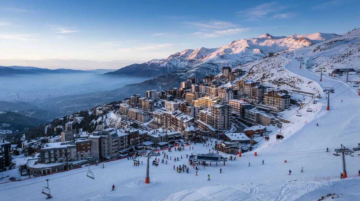 Sierra Nevada ski resort history in one frame: Pradollano's hotel blocks and apartment terraces at dawn, chairlift towers climbing out of the village toward the snowfields of the Veleta ridge, the Mediterranean haze of the Vega below