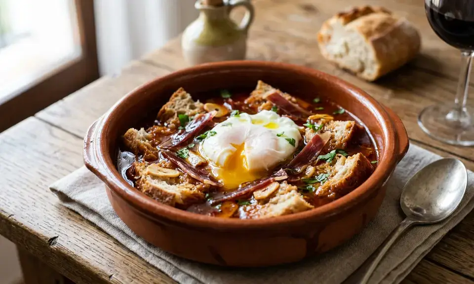 Sopa de ajo granadina in a terracotta bowl, dark paprika-red broth with torn bread, poached egg and jamón strips