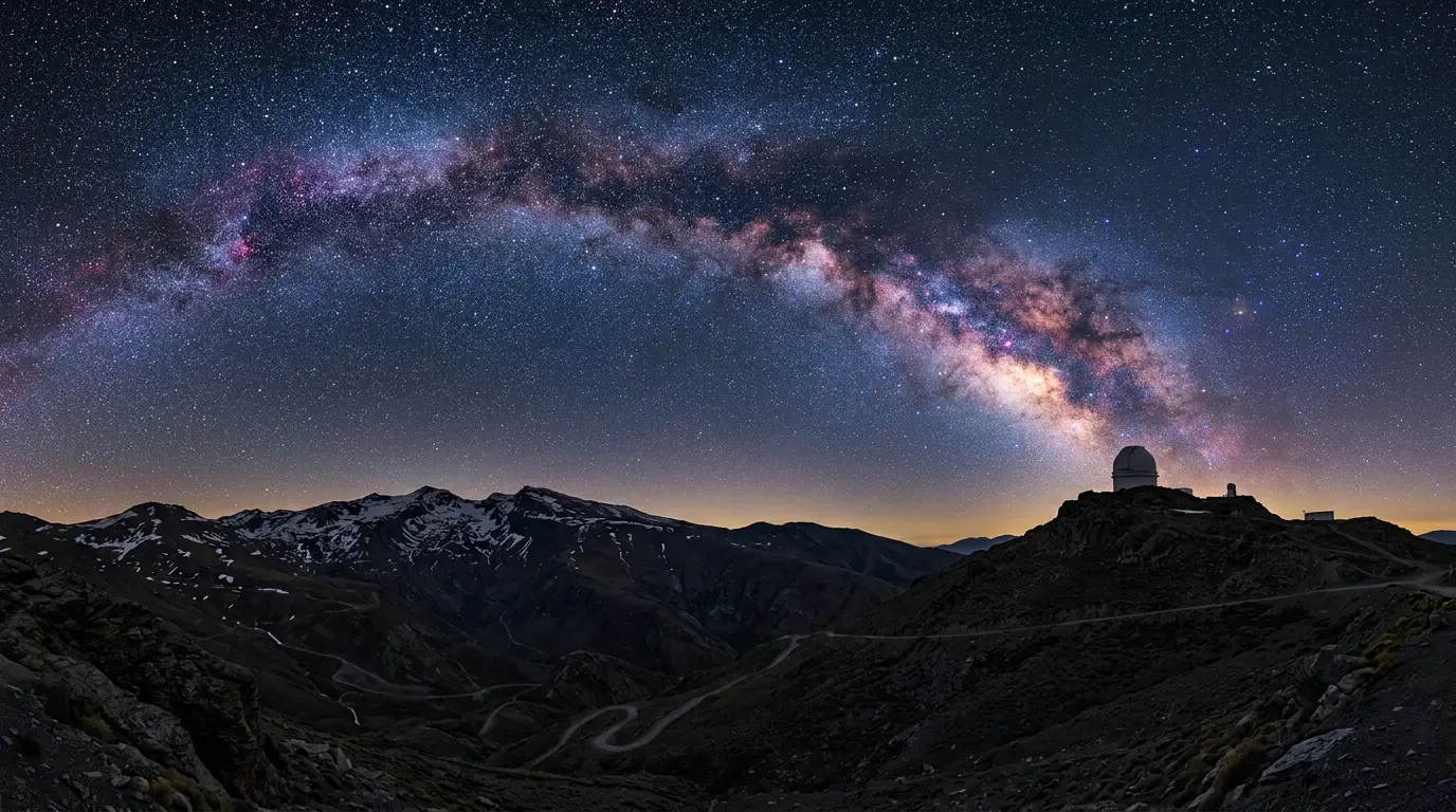 Stargazing near Granada: the Milky Way arching over Sierra Nevada's dark mountain ridgeline at night, stars sharp in a long-exposure shot with no visible light pollution