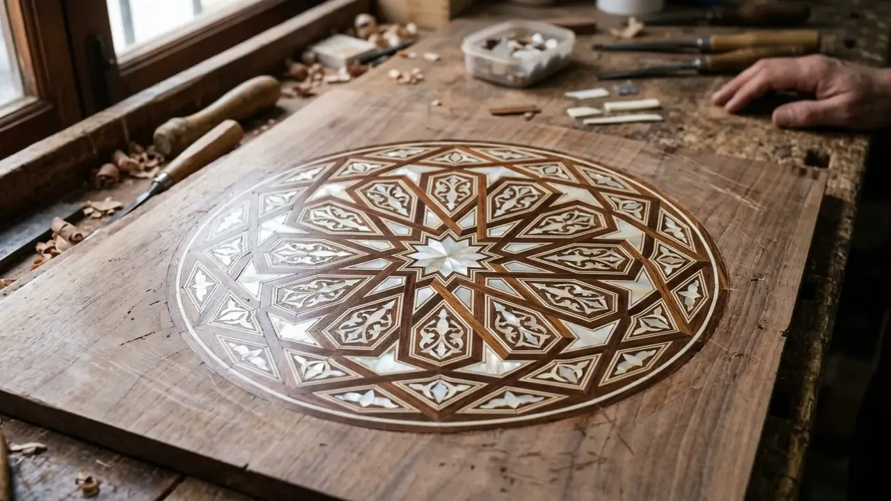 Taracea granada marquetry workshop surface showing cedar, nacre, and bone inlay star pattern in geometric Islamic design, Granada
