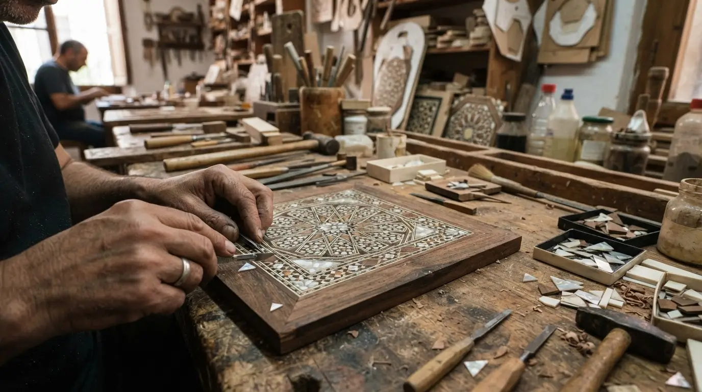 Taracea granada marquetry workshop surface showing cedar, nacre, and bone inlay star pattern in geometric Islamic design, Granada