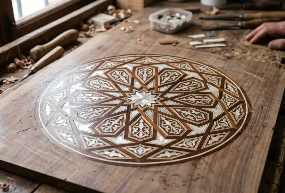 Taracea granada marquetry workshop surface showing cedar, nacre, and bone inlay star pattern in geometric Islamic design, Granada