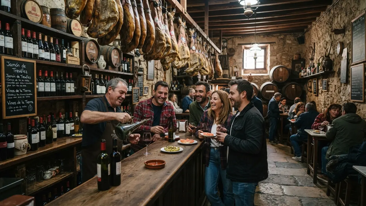 Interior of a traditional Granada bodega with hanging jamón, wine barrels, and locals at the bar