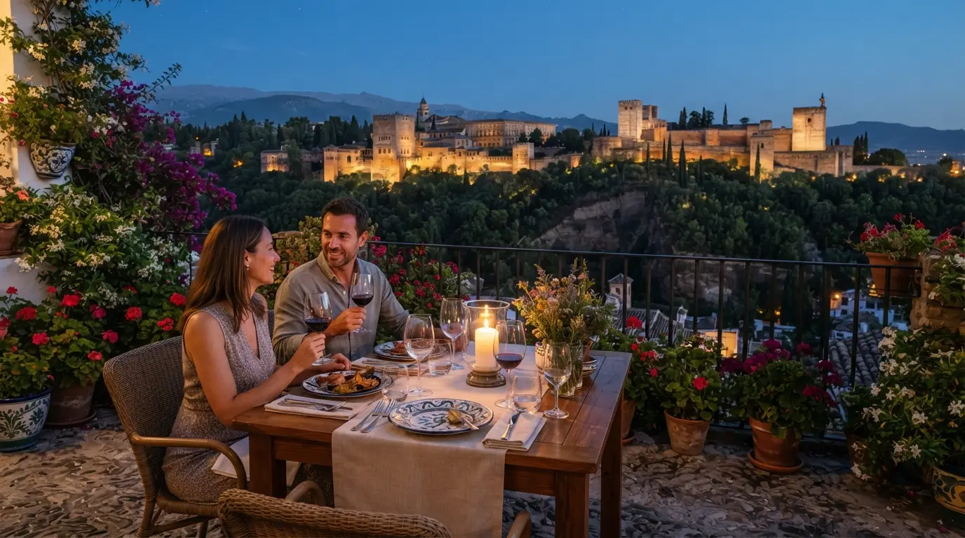 Table set for dinner on a carmen terrace in Granada's Albaicín with the Alhambra visible across the gorge at dusk