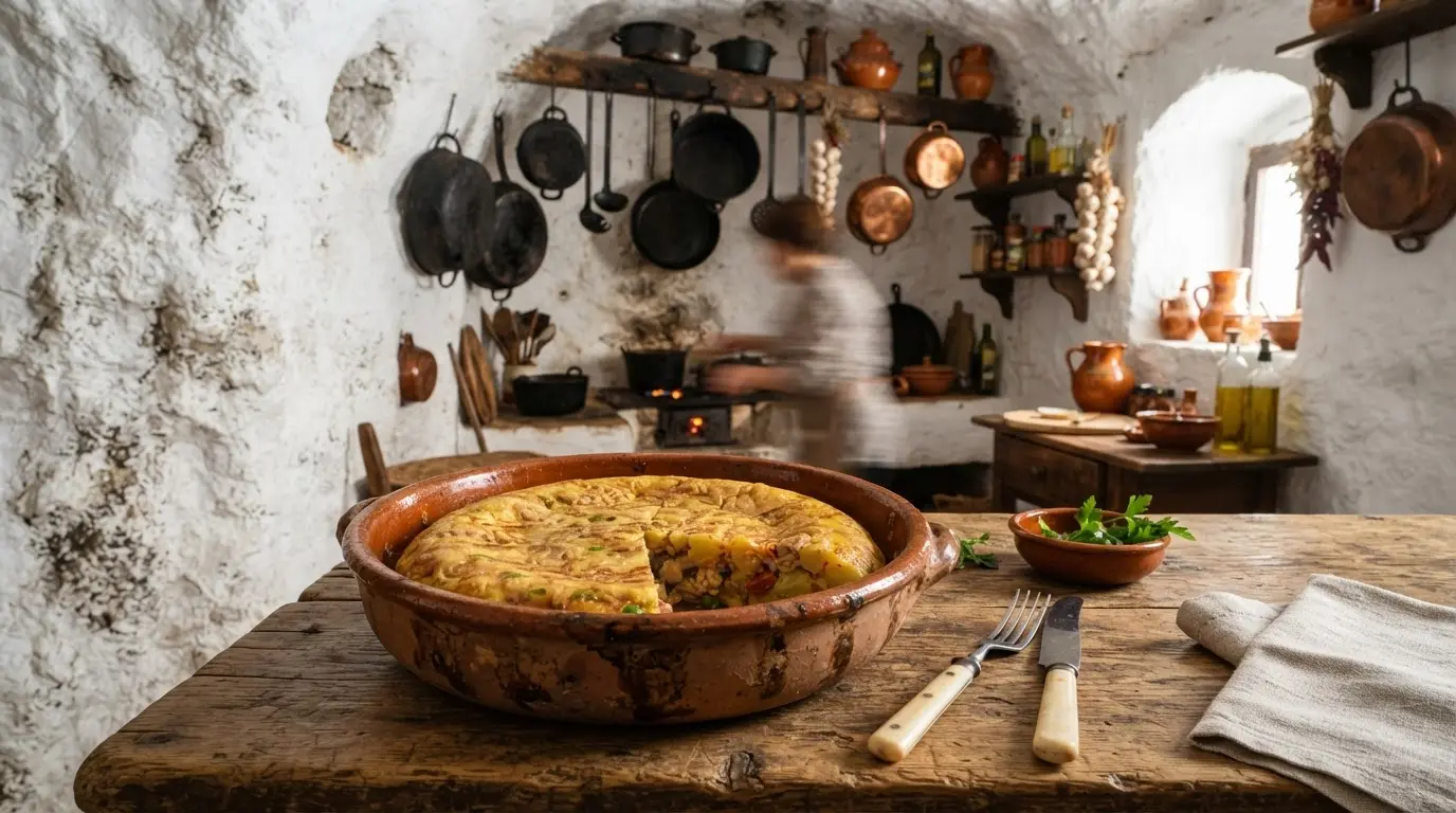 Tortilla del Sacromonte history origin Granada: a thick golden tortilla in a rustic clay cazuela on a wooden table inside a Sacromonte cave kitchen, whitewashed stone walls and iron cooking pots visible behind