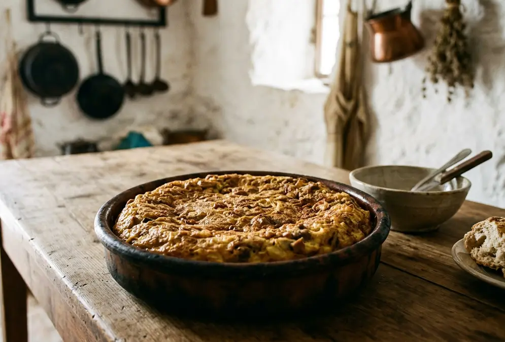 Tortilla del Sacromonte history origin Granada: a thick golden tortilla in a rustic clay cazuela on a wooden table inside a Sacromonte cave kitchen, whitewashed stone walls and iron cooking pots visible behind