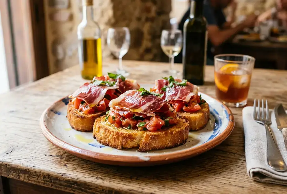 Tostón — thick slices of fried day-old bread on a ceramic plate, Granada tapa