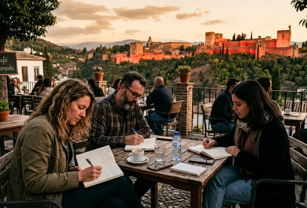 Writers seated at outdoor cafe tables in Granada during a travel writing workshop, notebooks open, the Alhambra glowing red on the hillside behind them at golden hour