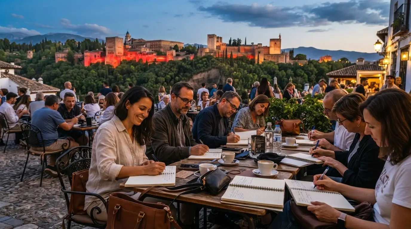 Writers seated at outdoor cafe tables in Granada during a travel writing workshop, notebooks open, the Alhambra glowing red on the hillside behind them at golden hour