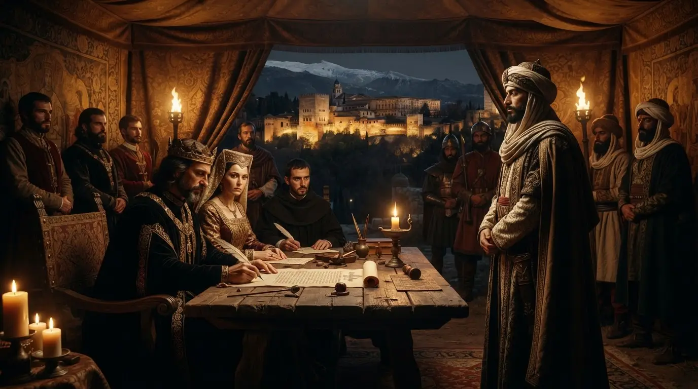 A candlelit scene of the treaty of Granada 1491 capitulations being signed at the Santa Fe siege camp, Ferdinand and Isabella at a campaign table across from Boabdil in Nasrid robes